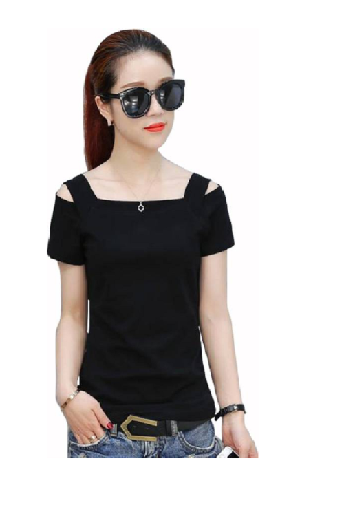 Casual Cold Shoulder Sleeves Solid Women Black Top