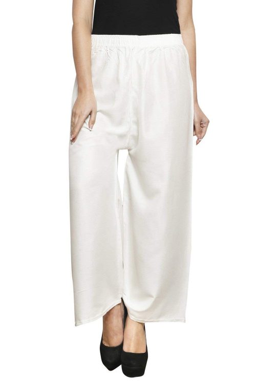 Women Flared White Cotton Blend Trousers