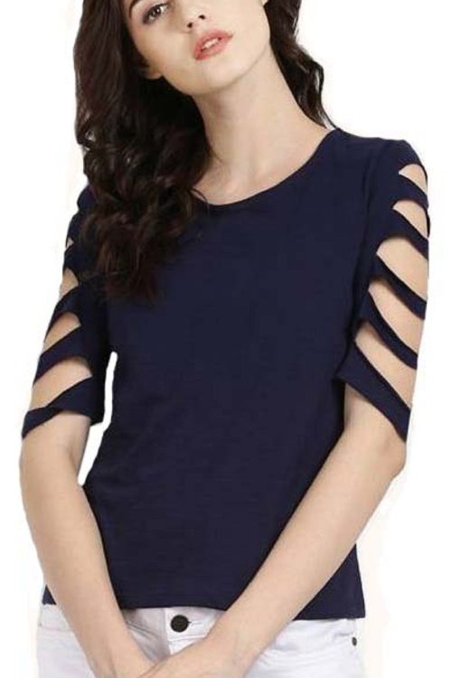 Casual Regular Cut Sleeves Solid Women Blue Top