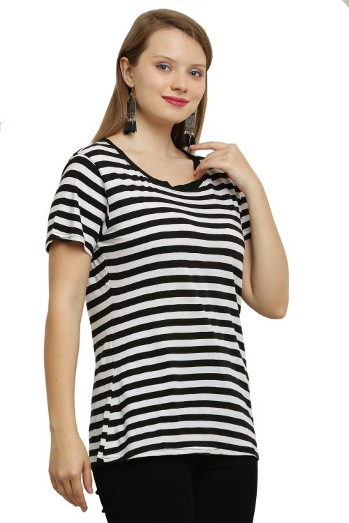 Women Striped Round Neck Pure Cotton Black, White T-Shirt